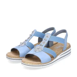 Rieker Women'S Wedge Sandals Sky Blue-Light Beige