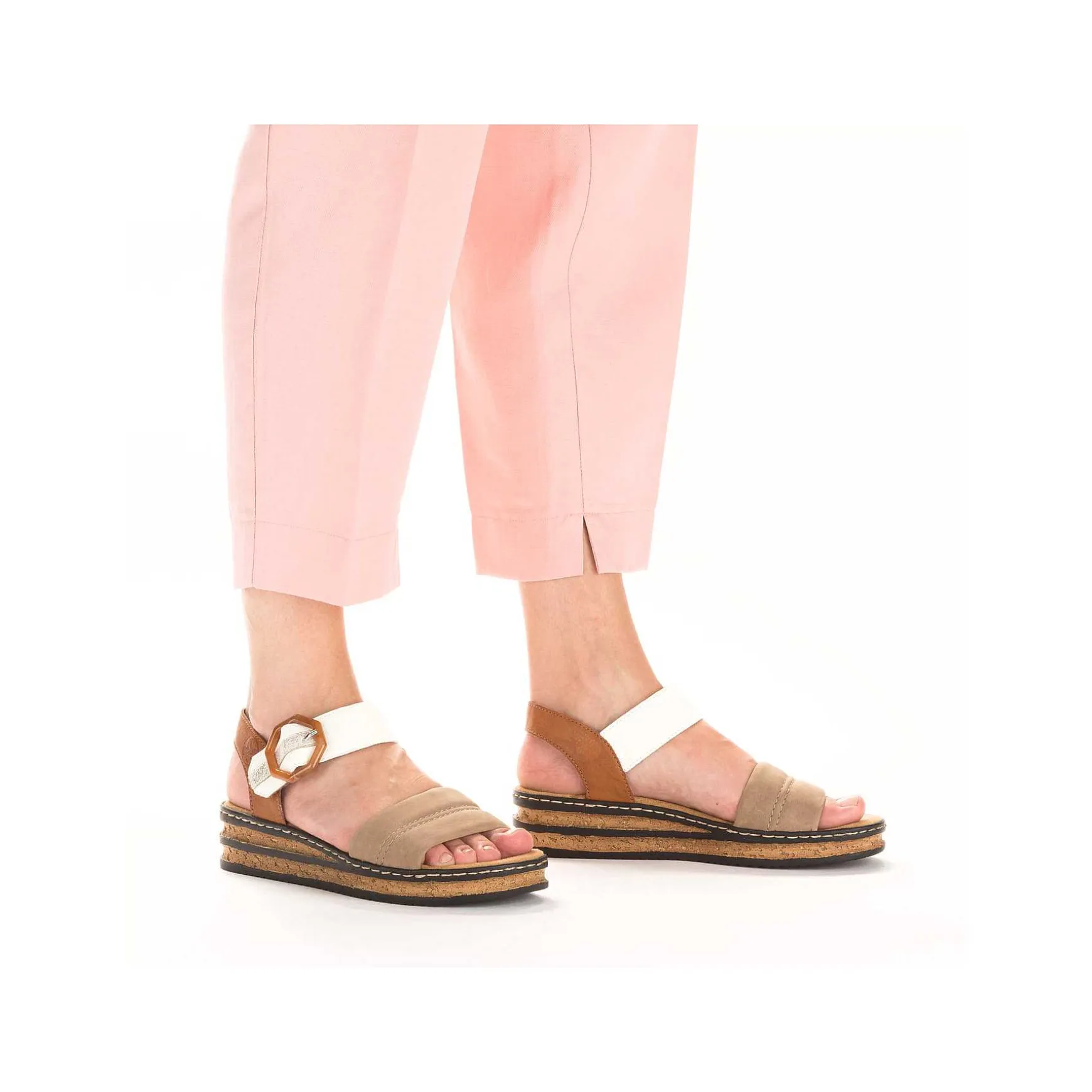 Rieker Women'S Wedge Sandals Brown Beige-Black